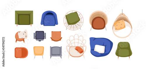 Armchairs, chairs designs set, top above view. Overhead living room, lounge furniture with cushions, modern trendy seats of different shape. Flat vector illustrations isolated on white background