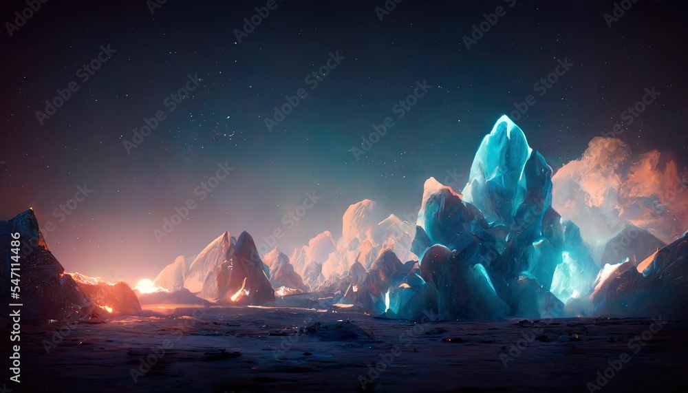 Alien planet with frozen ice rocks and lava fire under the night sky - obrazy, fototapety, plakaty 