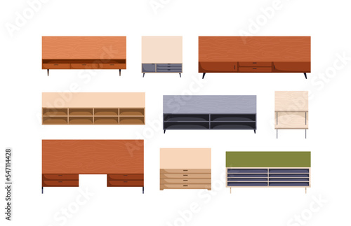 Cabinets, shelving units, storage furniture set, top above view. TV stands, chest of drawers, buffets, nightstands designs overhead. Colored flat vector illustrations isolated on white background