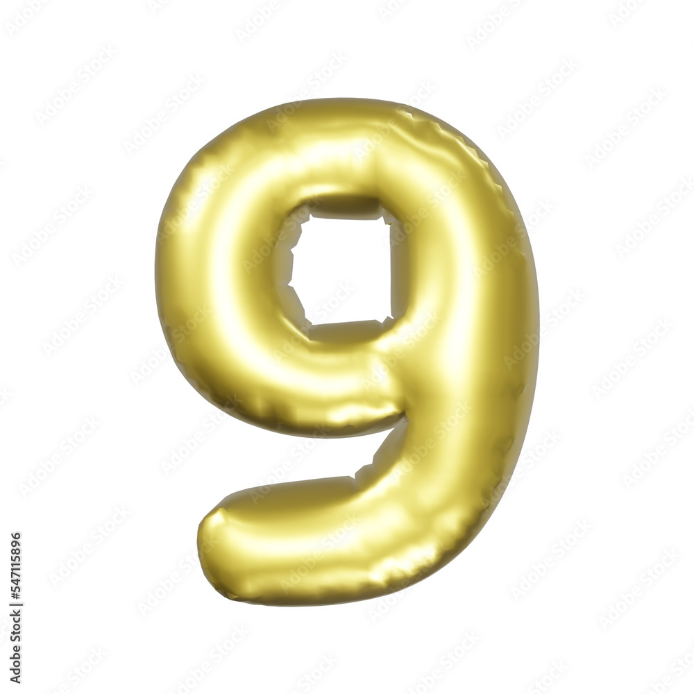 Number 9 Metallic gold foil balloons. 3D render Golden Helium balloon. Number 9 Metallic gold foil balloons. 3D render Golden Helium balloon.