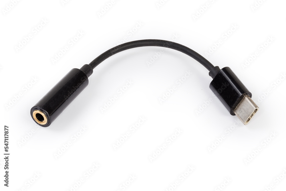 Adapter USB-C to analog stereo audio on white background Adapter USB-C to analog stereo audio on white background