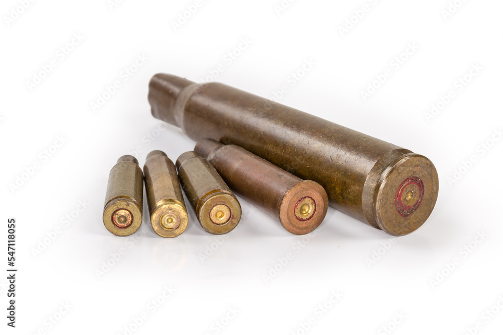 Spent cartridge cases of firearms different calibers from primers side