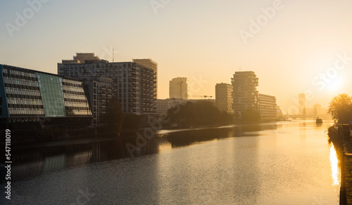early morning sunrise cityscape view at the river spree in Berlin  Germany