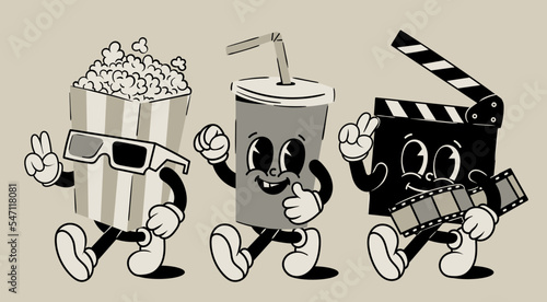 Popcorn, soda drink, clapperboard. Cute black and white cartoon characters with hands, legs, eyes. Retro comic style. Cinema, movie theater, movie watching concept. Hand drawn Vector illustration