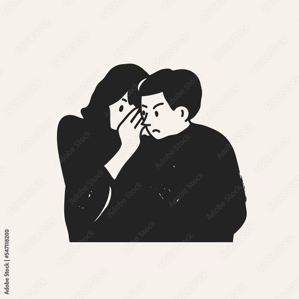 Young lady whispering secrets into boys's ear. Confused, mad young man. Talking something to other person, gossip, rumor, secret concept. Hand drawn Vector illustration. Cartoon style. Cute characters