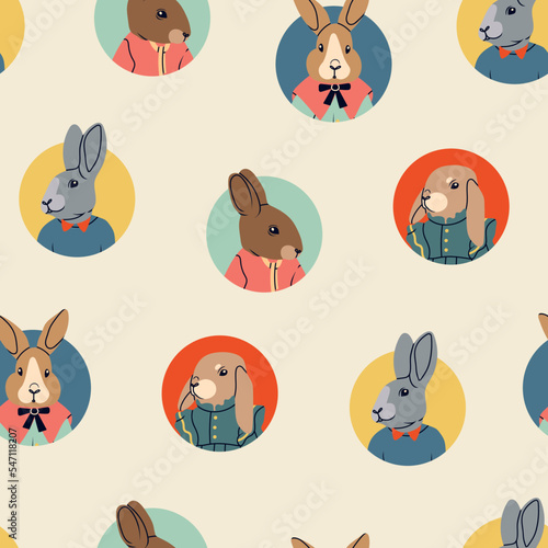 Various anthropomorphic Bunnies. Hand drawn Vector illustration. Cute cartoon creatures. Round icons. Fashion animal characters. New year symbol. Squre seamless Pattern, background, wallpaper