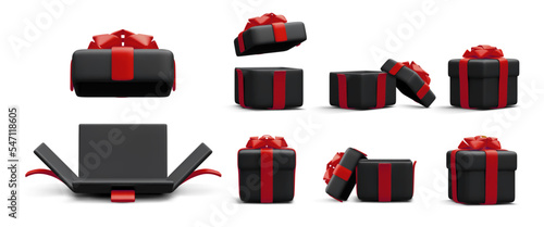 Set of 3d realistic black gift boxes with red ribbon isolated on white background. Surprise boxes. Vector illustration