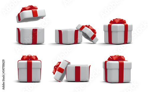 Set of 3d realistic gift boxes with red ribbon isolated on white background. Surprise boxes. Vector illustration