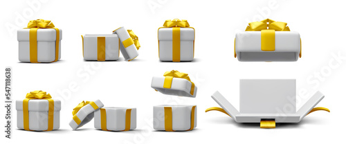 Set of 3d realistic gift boxes with gold ribbon isolated on white background. Surprise boxes. Vector illustration