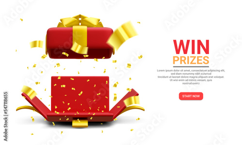 3d realistic open gift box and flying gold confetti on white background. Win Prizes concept. Vector Illustration