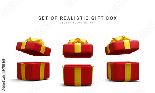Set of 3d realistic red gift boxes with gold ribbon isolated on white background. Surprise boxes. Vector illustration