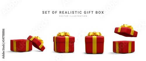 Set of 3d realistic red gift boxes with gold ribbon isolated on white background. Surprise boxes. Vector illustration