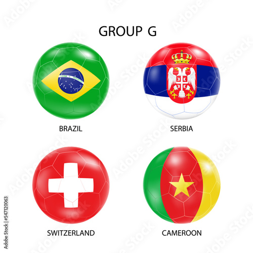 Flags in the style of footballs.The group of the football tournament in Qatar.Brazil, Serbia, Switzerland, Cameroon.