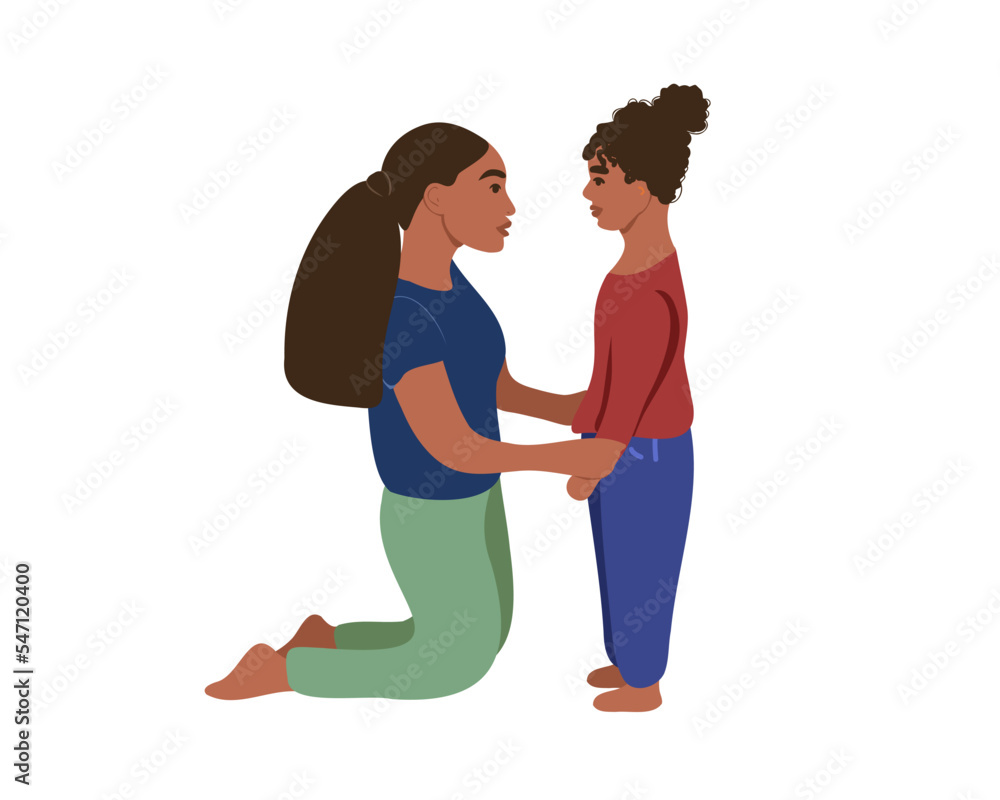 African American mom is on her knees, talking to her daughter, reassuring, showing love and care. Motherhood.
Vector illustration