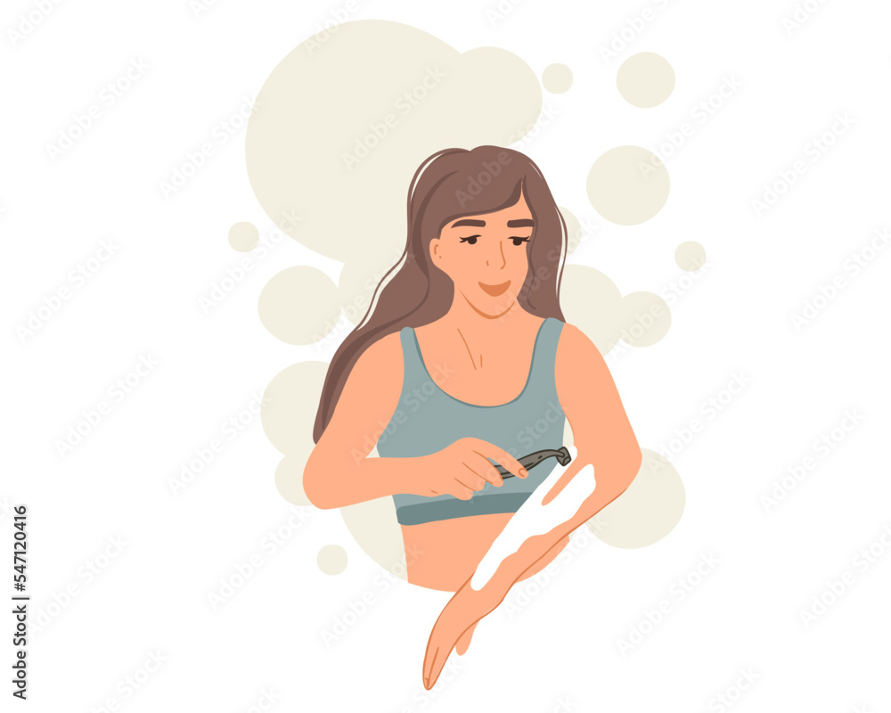 A young woman shaves her hair with a razor, depilation. Flat vector illustration