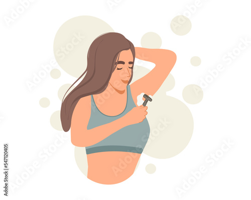 
A young woman shaves her armpit hair with a razor in her hand.
Flat vector illustration