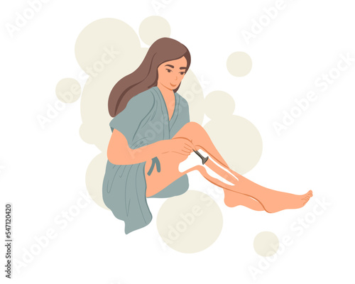 Skin care concept. A woman removes hair from her legs. Depilation or epilation.  Vector illustration