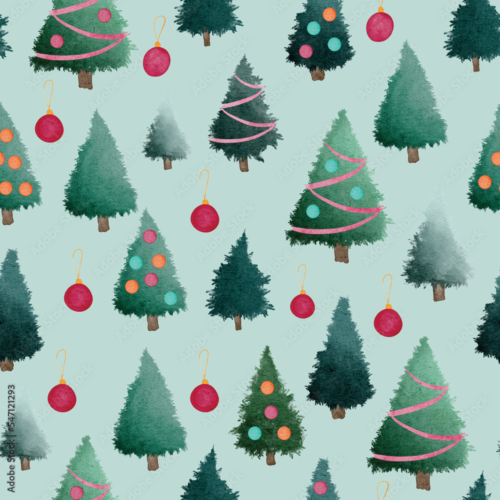 Green Christmas trees with red baubles watercolour painting seamless pattern design illustration on turquoise background