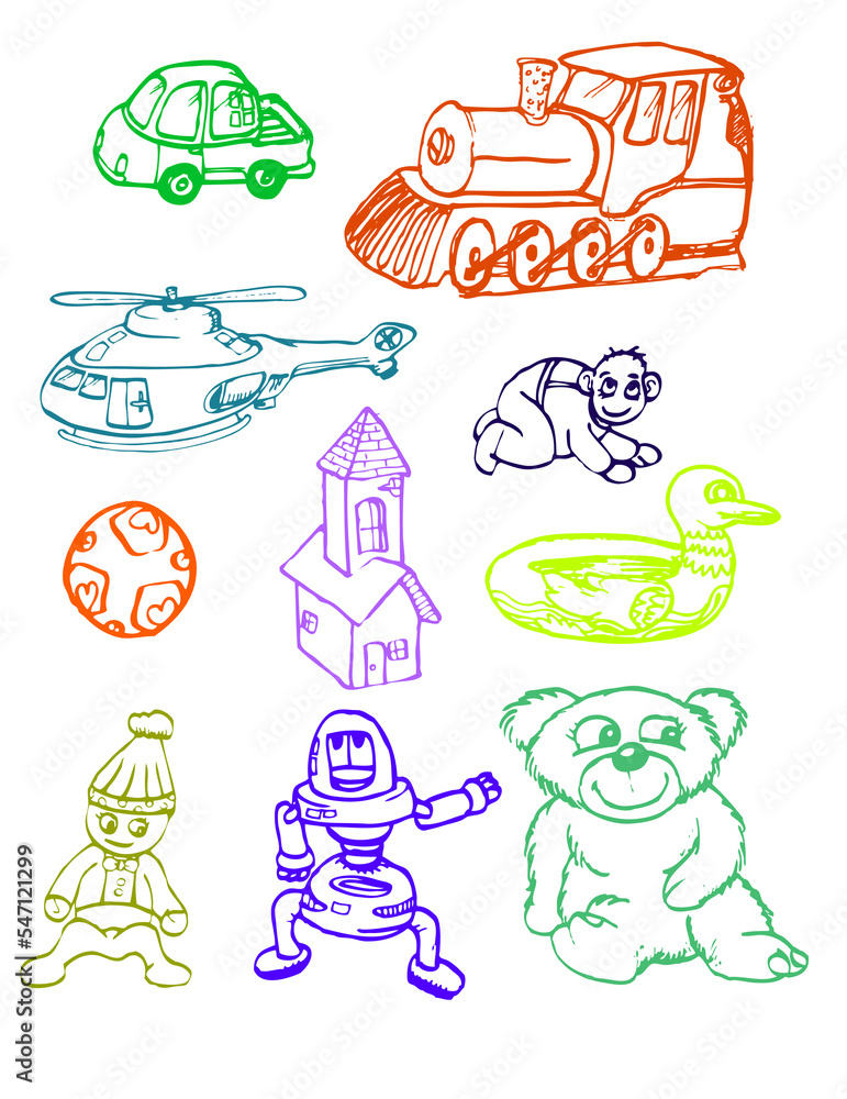 Set of toys hand draw illustration in outline style, and various color Set of toys hand draw illustration in outline style, and various color