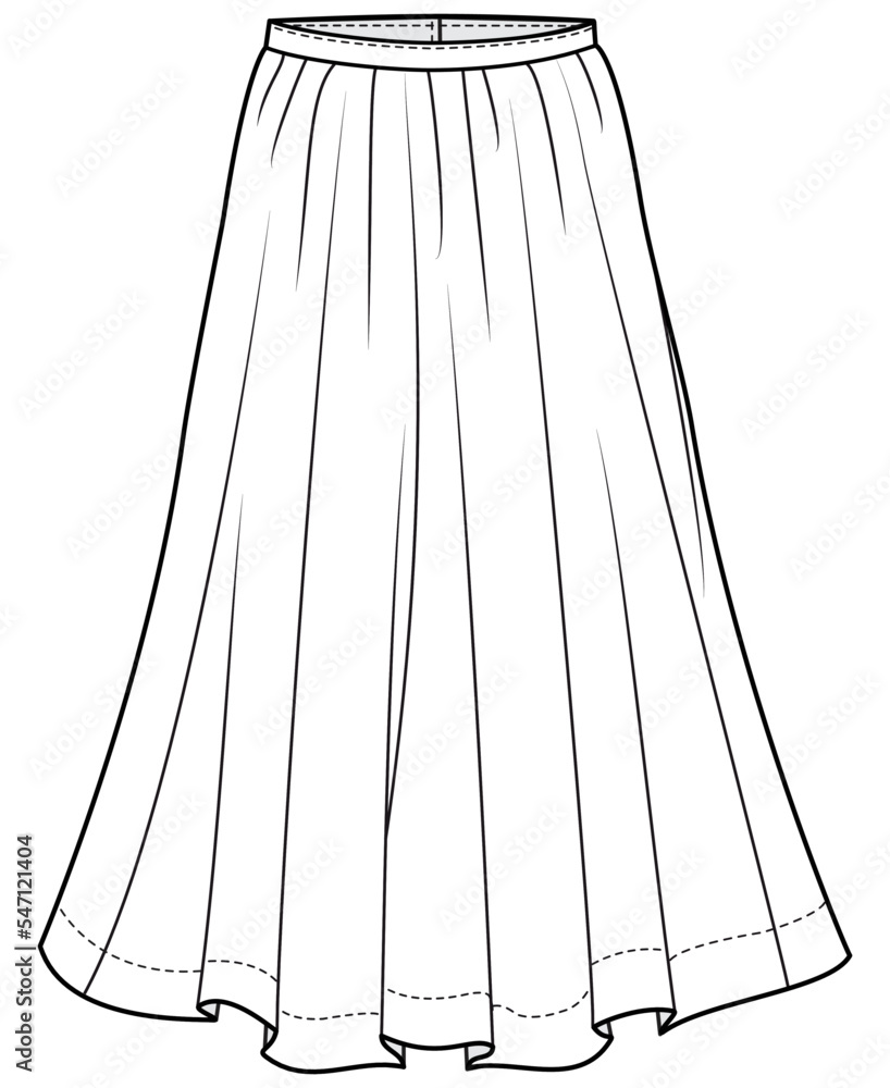 womens maxi skirt flat technical cad drawing template Stock Vector ...