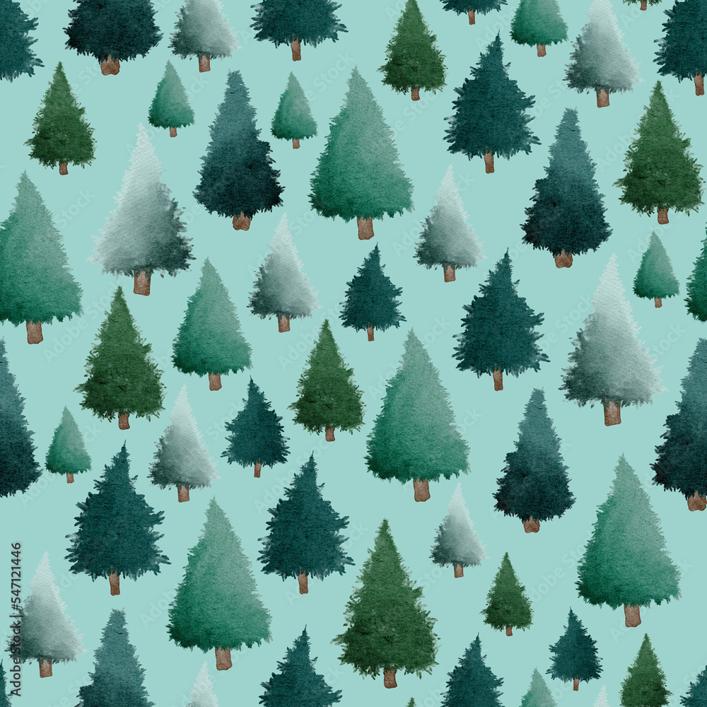 Green Christmas trees watercolour painting seamless pattern design illustration on turquoise background