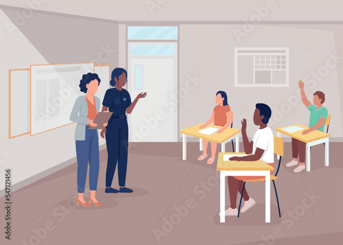 Policewoman instructing students flat color vector illustration. Learning safety rules. Career day in school. Fully editable 2D simple cartoon characters with classroom on background