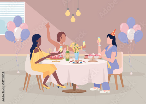 Hen party celebration flat color vector illustration. Women sitting at served table. Festive event with friends. Fully editable 2D simple cartoon characters with restaurant on background