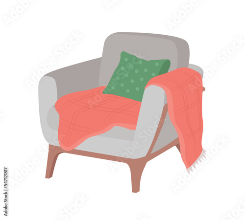 Cozy armchair with blanket semi flat color vector object. Editable element. Full sized item on white. Christmas festive decor simple cartoon style illustration for web graphic design and animation