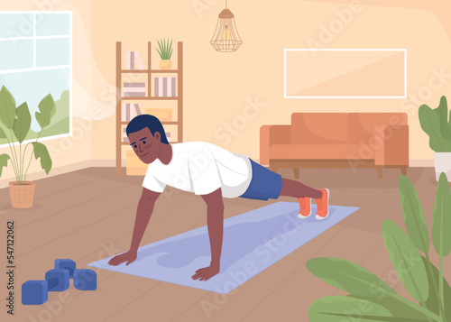 Man doing push ups flat color vector illustration. Regular exercising at home. Active lifestyle and healthcare. Fully editable 2D simple cartoon character with living room on background