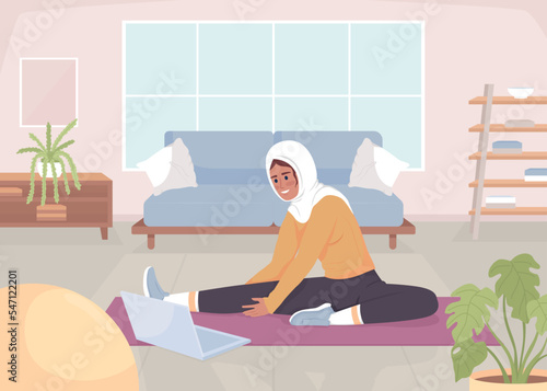 Lady doing stretching with video lesson flat color vector illustration. Sports training at home. Yoga practice. Fully editable 2D simple cartoon character with living room on background
