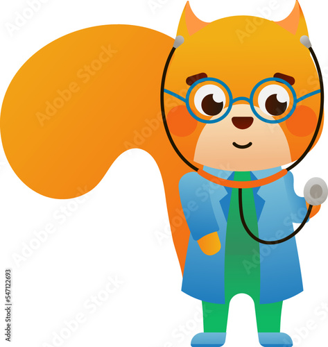 Cute squirrel doctor holding stereoscope, pediatrician illustration for kids, health and animal medicine theme