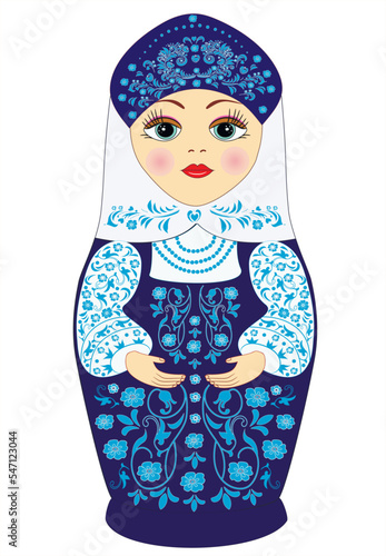 Russian traditional nesting dolls with a painted blue and white pattern. Beautiful and cheerful elegant matryoshka. Souvenir vector illustration. Beautiful and cheerful elegant doll. Gift. Banner. 