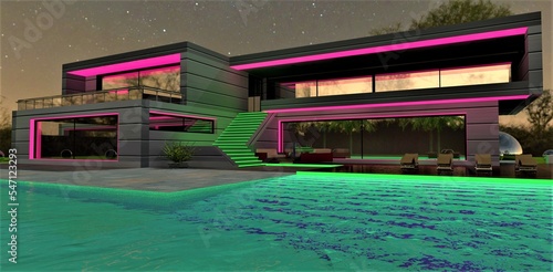 Evening lighting design of the estate, including a swimming pool with steps under the water. Great combination of pink and green. 3d rendering.