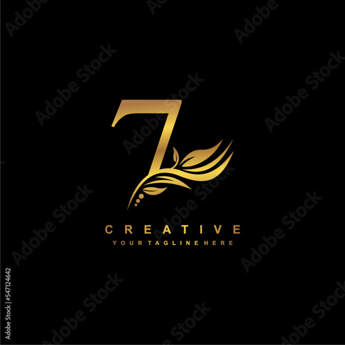 Gold number 7 logo vector design with leaf decoration. monogram number 7, number typography. feather logo. number 7 luxury. anniversary 7