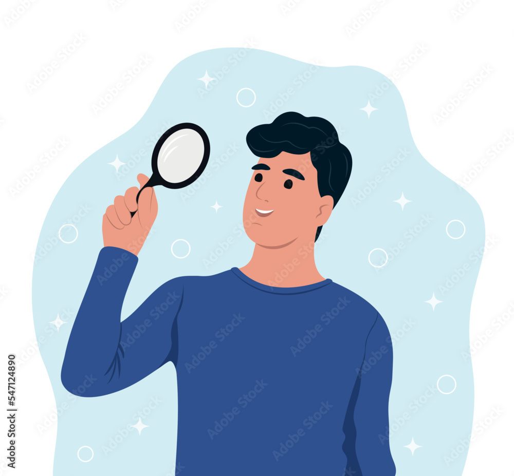 Pupil, student holds a magnifying glass in his hands, looking for an answer.Flat vector illustration Pupil, student holds a magnifying glass in his hands, looking for an answer.Flat vector illustration