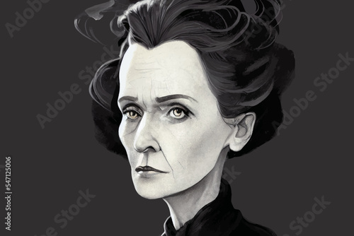Digital illustration portraits of Marie Curie, acrylic painting style, elegant historical figures, can be used for physics education, cultural commentary, and magazine reports.