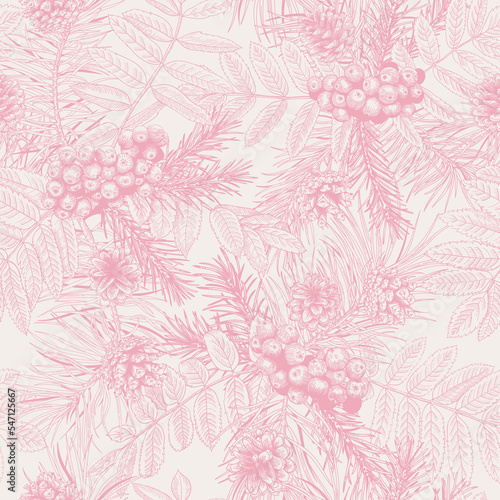 Christmas seamless pattern with winter plants. Vector botanical  illustration. Rowan, pine and spruce branches, cones. Pink  and white background. Sketch.