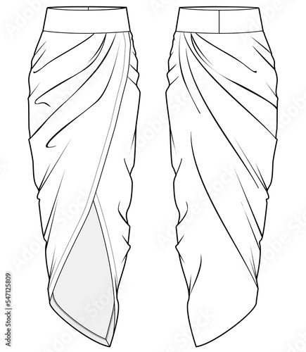 womens tulip wrap skirt flat sketch vector illustration front and back view technical cad drawing template
