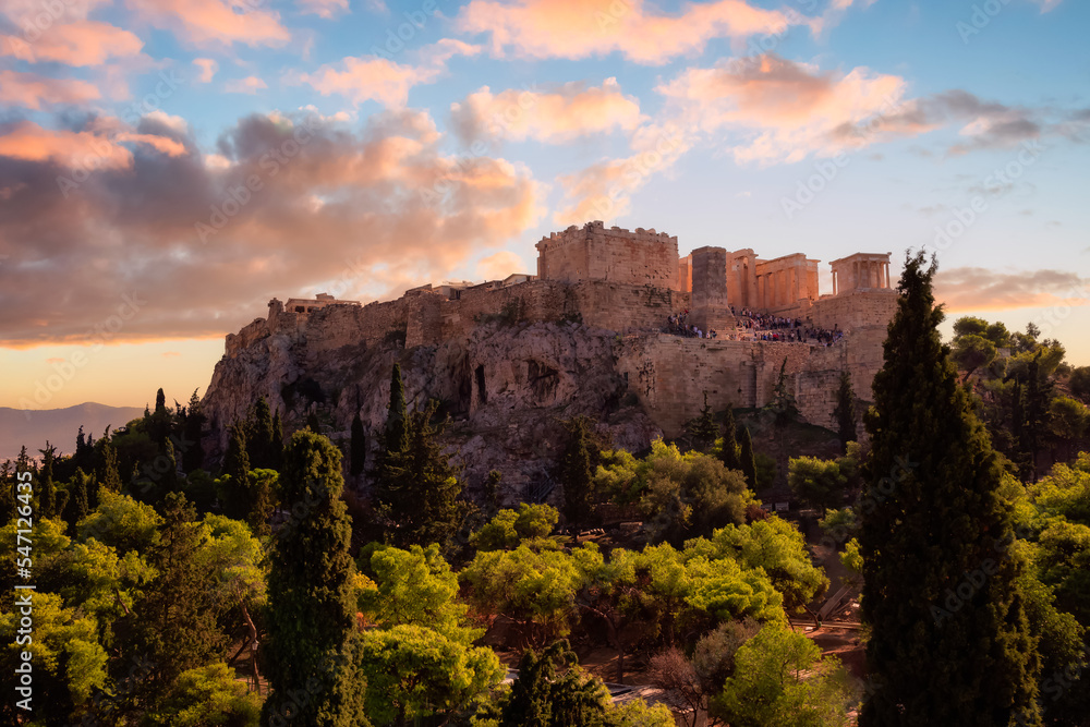 Acropolis and Cityscape in a Historic City with Mountains in Background. Areopagus Hill, Athens, Greece. Sunset Sky Art Render.