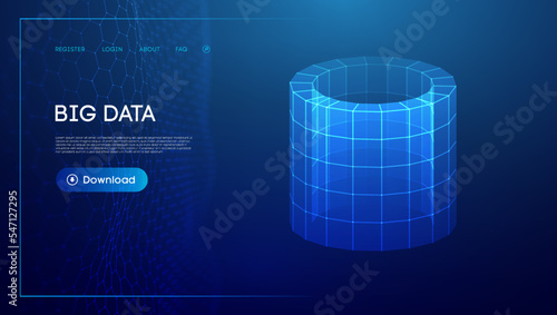Bid data blue background. Wireframe cylinder vector. Network connection. photo