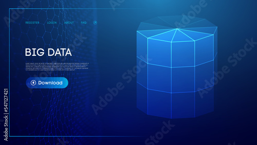 Bid data blue background. Wireframe cylinder vector. Network connection.