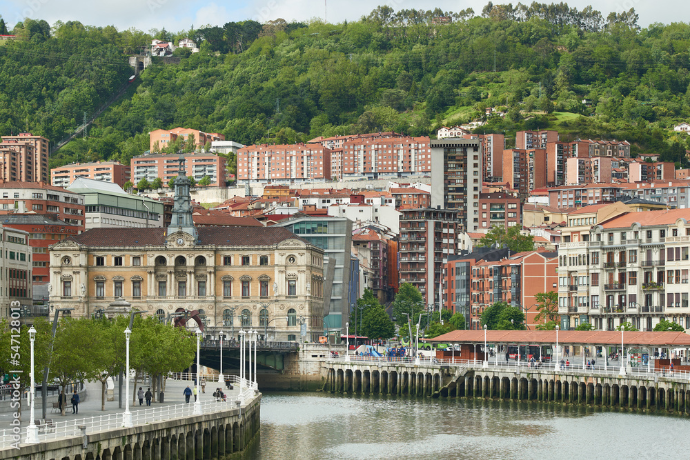View of the nervion river and the city hall of Bilbao, Biscay, Basque Country, Euskadi, Spain