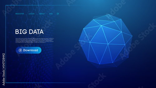 Technology sphere 3d. Blue big data background. Wireframe mesh protect globe.