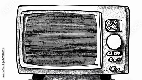 Static noise (no signal) shown on the screen of a retro vintage tv set, black-and-white sketch drawing.
