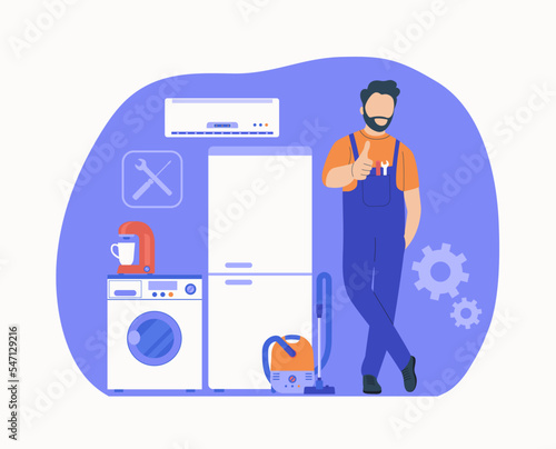 Concept for home appliances repair service.Worker with tools, washing machine, refrigerator, vacuum cleaner and air conditioner in the background. Vector illustration.