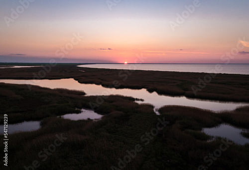 Fascinating sunset landscape photo. Summertime. Beautiful nature scenery photography with wetland on background. Idyllic scene. High quality picture for wallpaper, travel blog, magazine, article