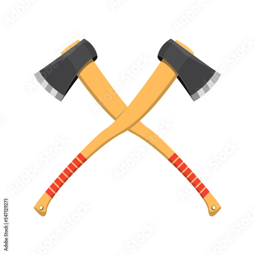 Hatchet Crossed Axe in realistic style. Metal woodcutter with red handle made of wood. Hand tool. Colorful vector illustration on a white background.