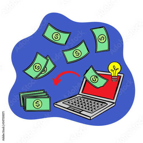 FLYING DOLLARS AND LAPTOP Online E-Commerce Internet Sells Store For Modern Crypto Network Technology Trade Marketplace With Non-fungible Token Money Making