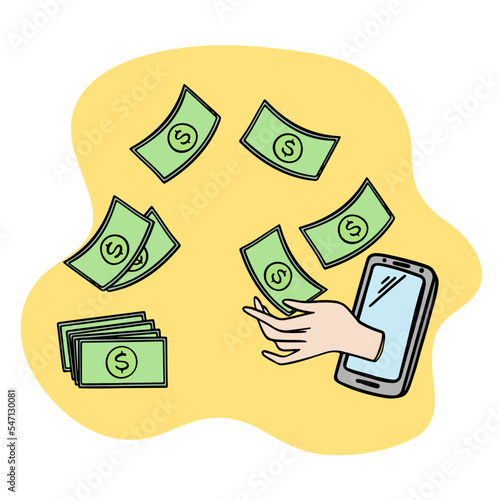 FLYING DOLLARS AND SMARTPHONE Online E-Commerce Internet Sells Store For Modern Crypto Network Technology Trade Marketplace With Non-fungible Token Money Making