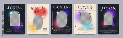 Modern soft gradient posters with linear forms, sparkles and empty photo frame. Trendy minimalist aesthetic print with line arch frames, stars and fluid gradients vector poster template set